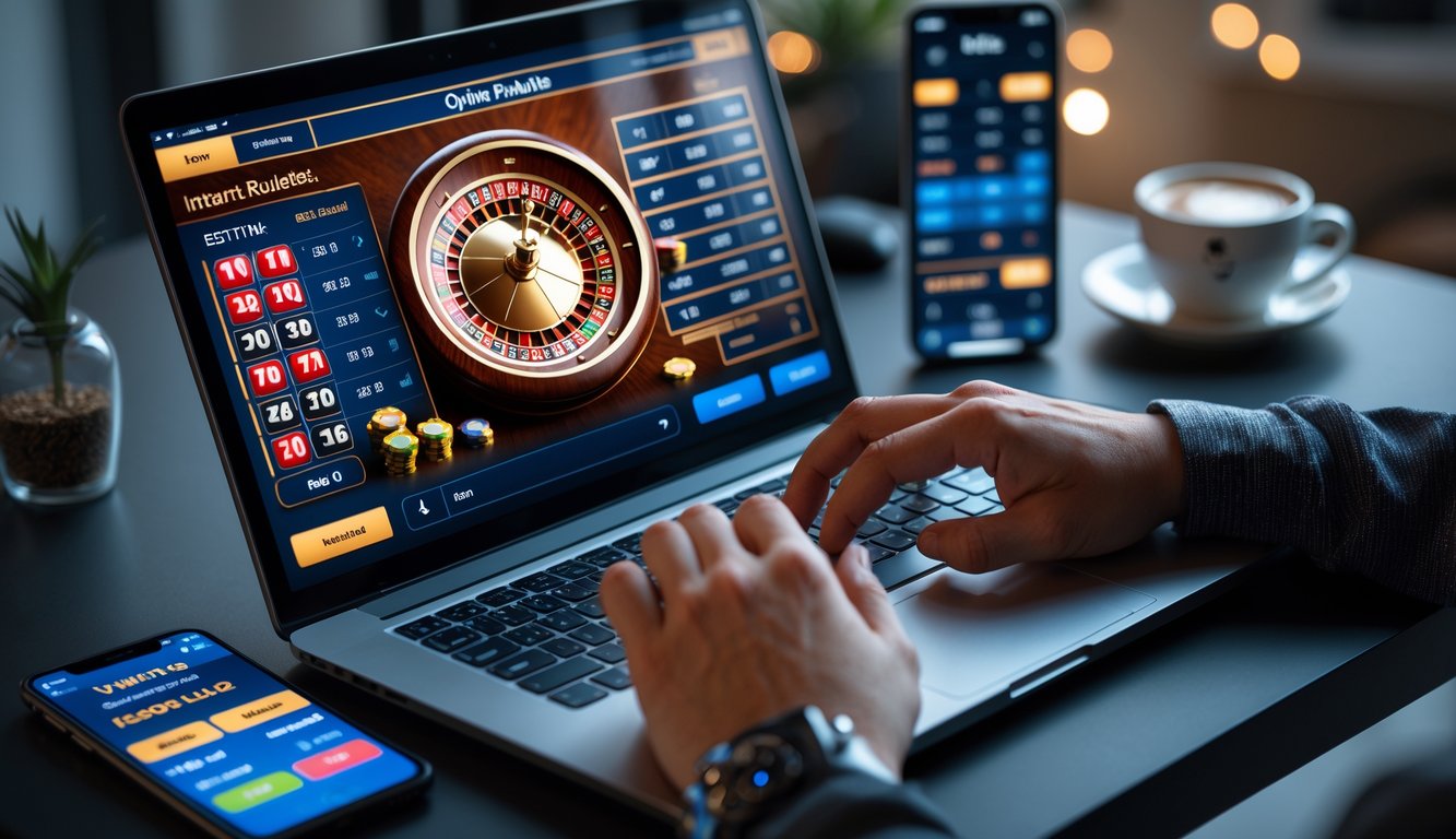 Seseorang menggunakan laptop untuk bermain roulette online dengan tampilan roda roulette dan pilihan taruhan di layar.