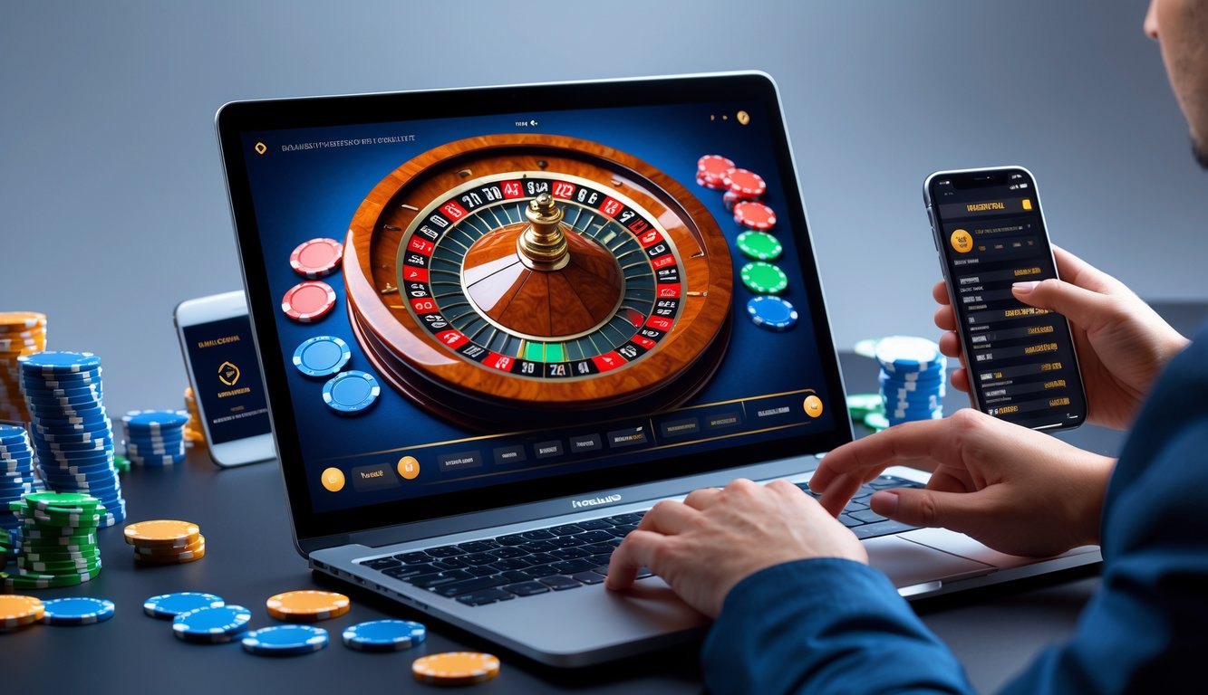 Seseorang bermain roulette online dengan layar komputer menampilkan roda roulette yang berputar dan chip taruhan di sekitar meja.