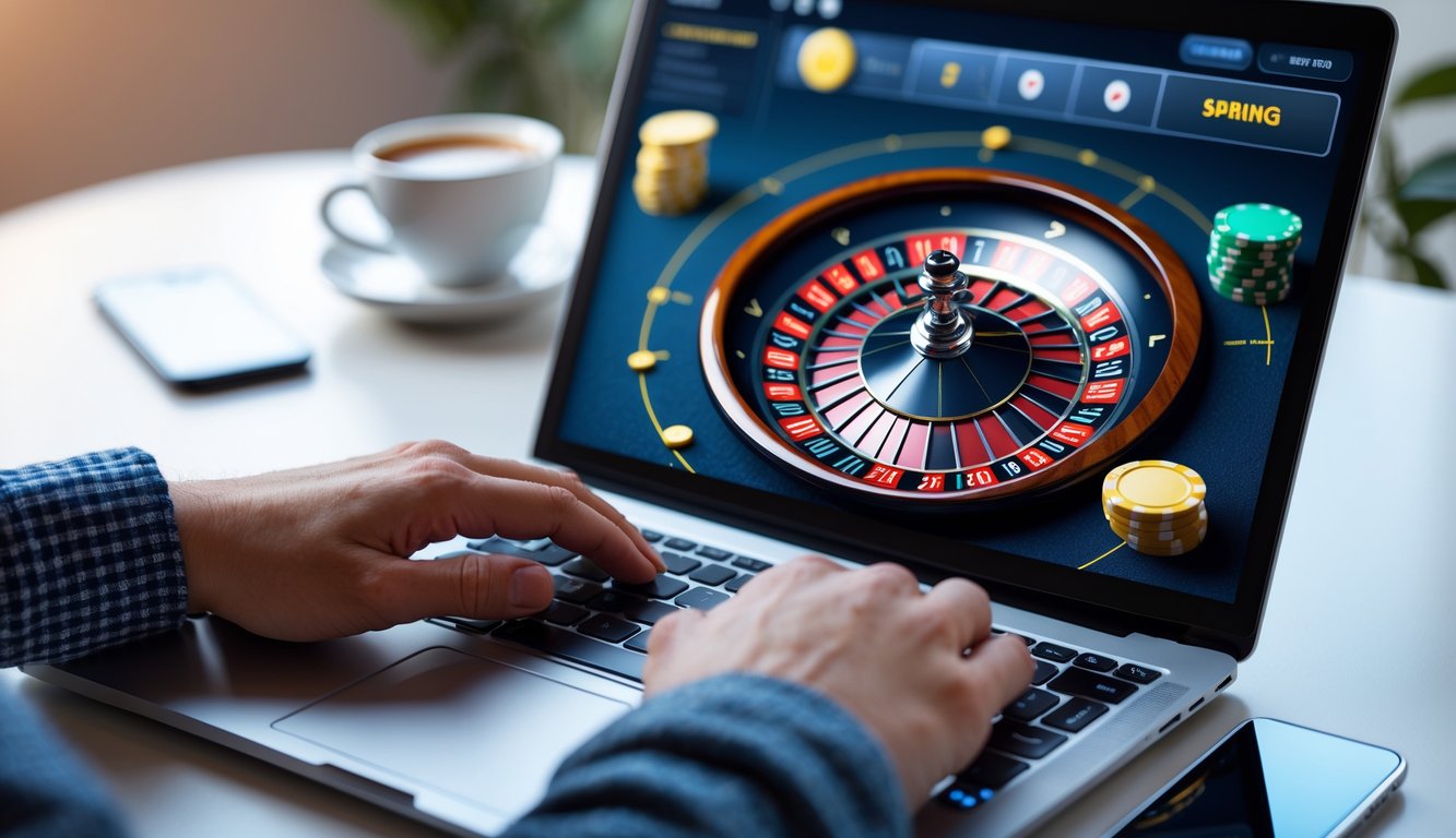 Seseorang menggunakan laptop dengan roda roulette digital yang berputar di layar, di meja kerja dengan ponsel dan secangkir kopi.