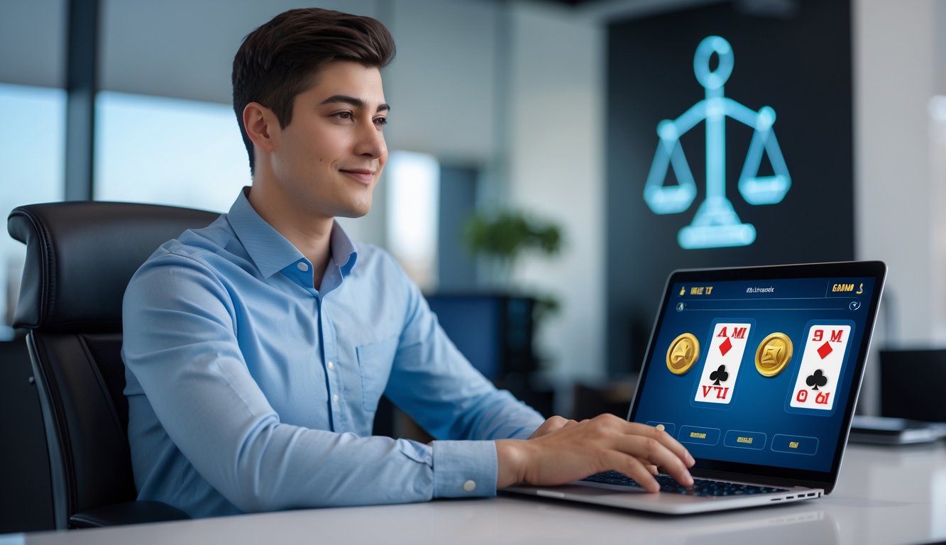 Seorang agen game online yang percaya diri duduk di meja dengan laptop, menampilkan suasana profesional dan terpercaya.