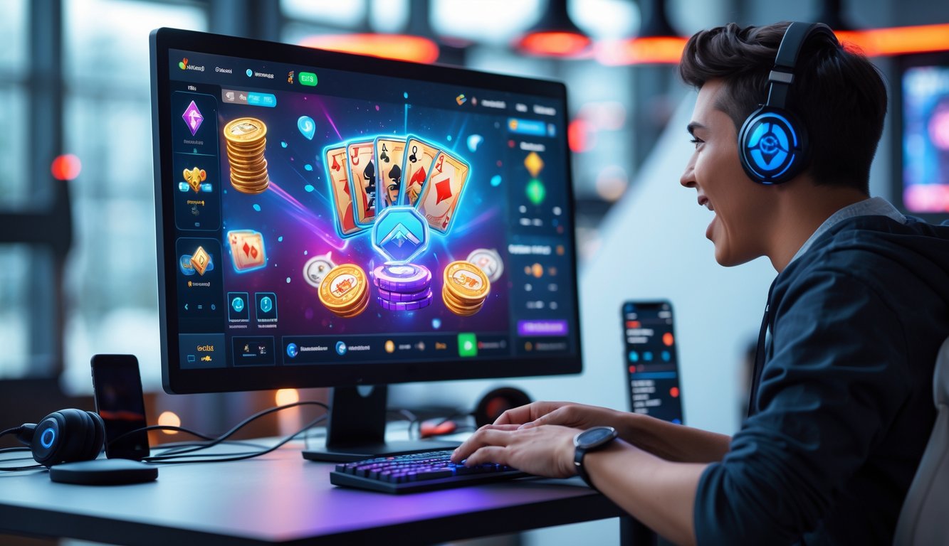 Seseorang sedang bermain game kartu online di depan komputer dengan suasana modern dan pencahayaan yang terang.