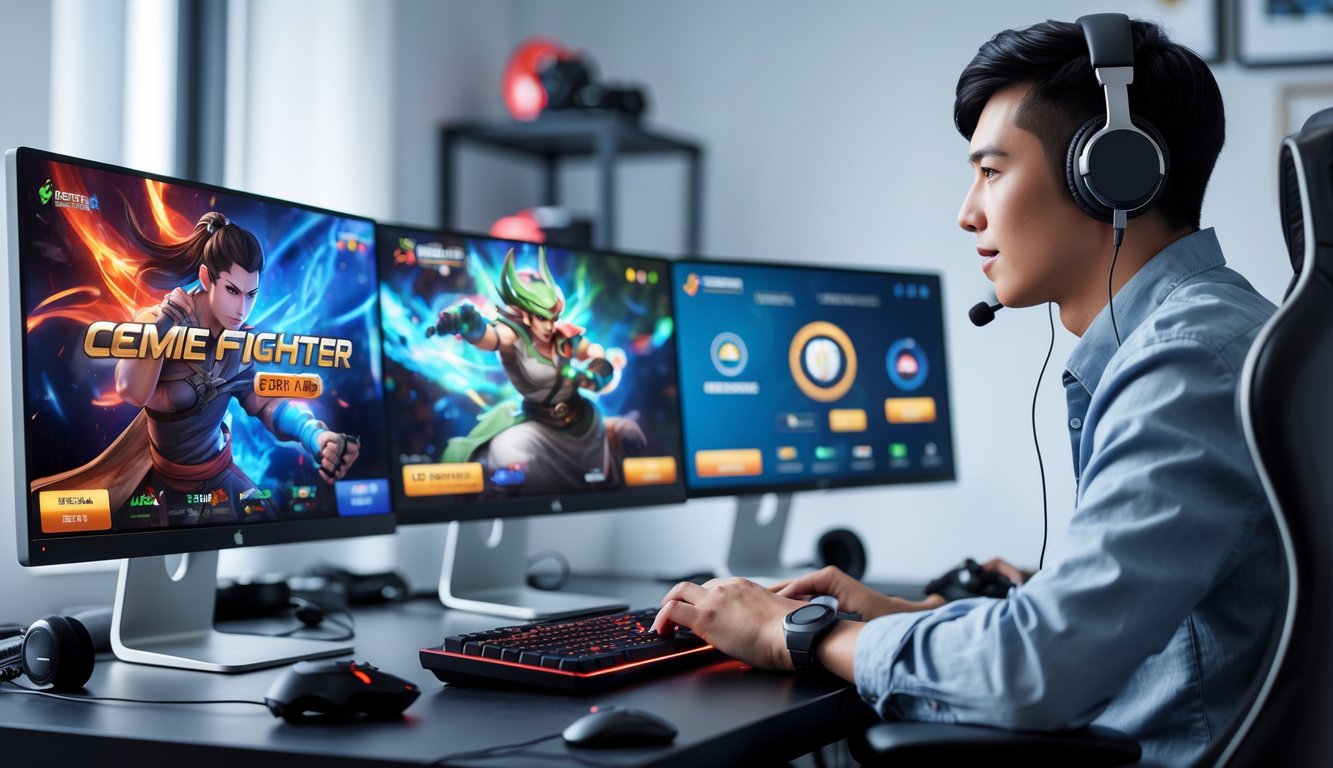 Seorang dewasa muda sedang bermain game Ceme fighter online di komputer dengan beberapa monitor di ruang kerja yang rapi dan terang.