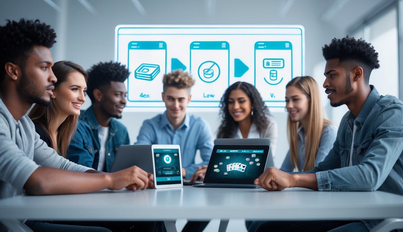 Sekelompok orang muda sedang bermain game kartu secara online dengan perangkat digital di meja modern.