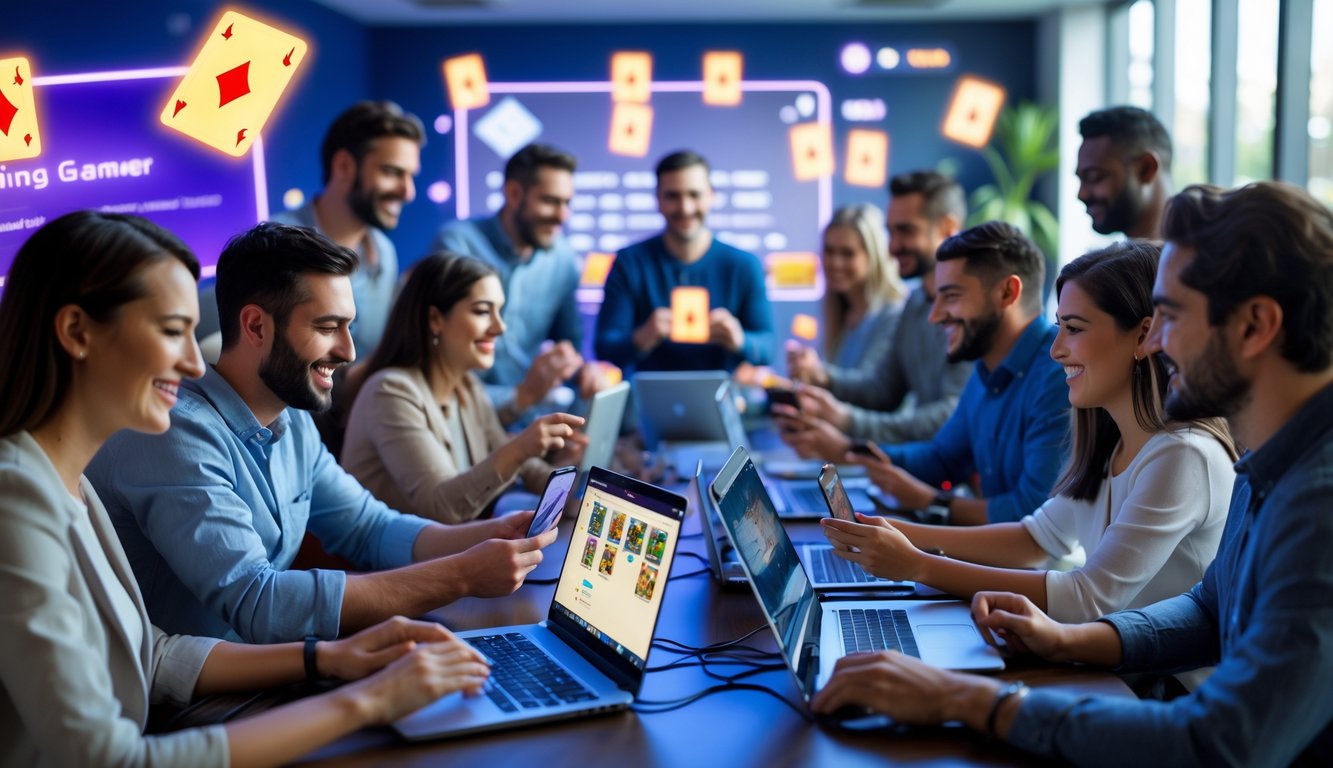 Sekelompok orang dewasa bermain permainan kartu secara online menggunakan laptop dan ponsel di ruang modern yang terang.