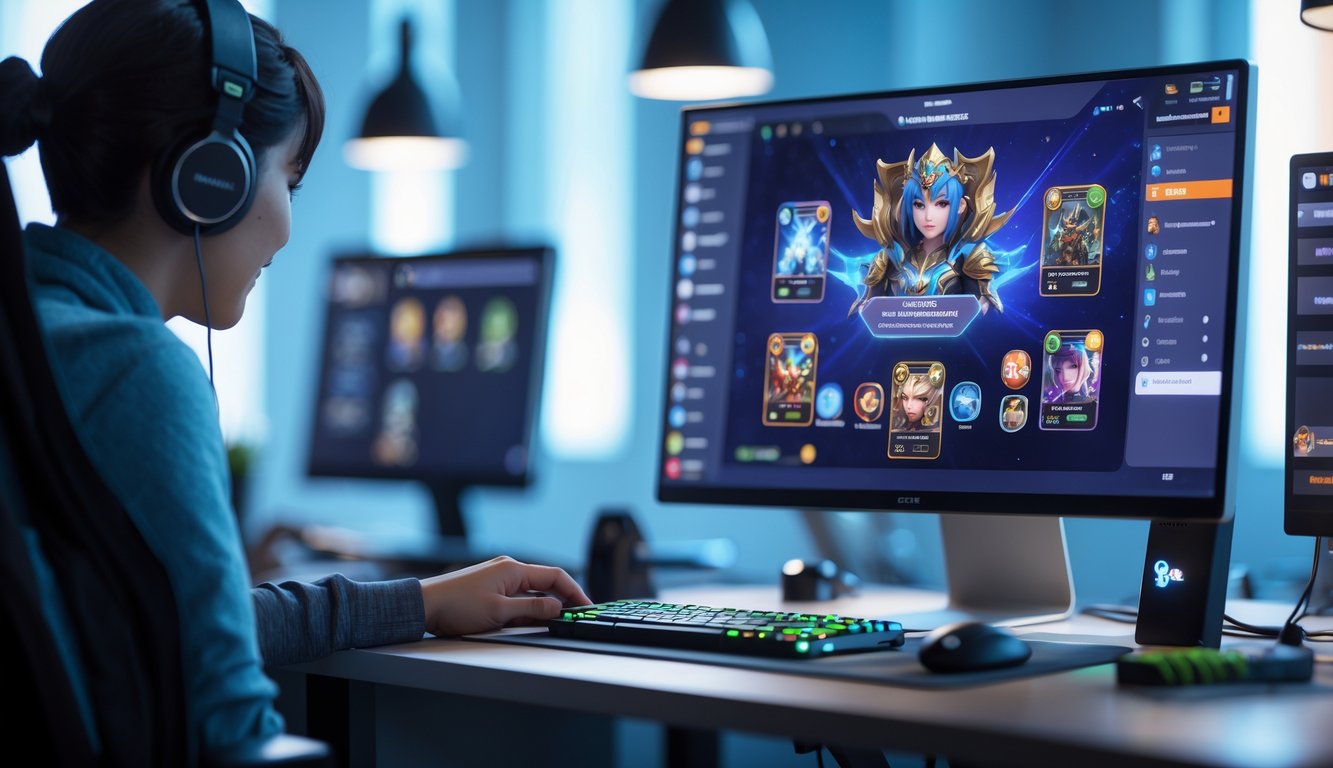 Suasana ruang kerja dengan komputer menampilkan permainan kartu online yang ramai dan aktif dengan banyak pengguna.