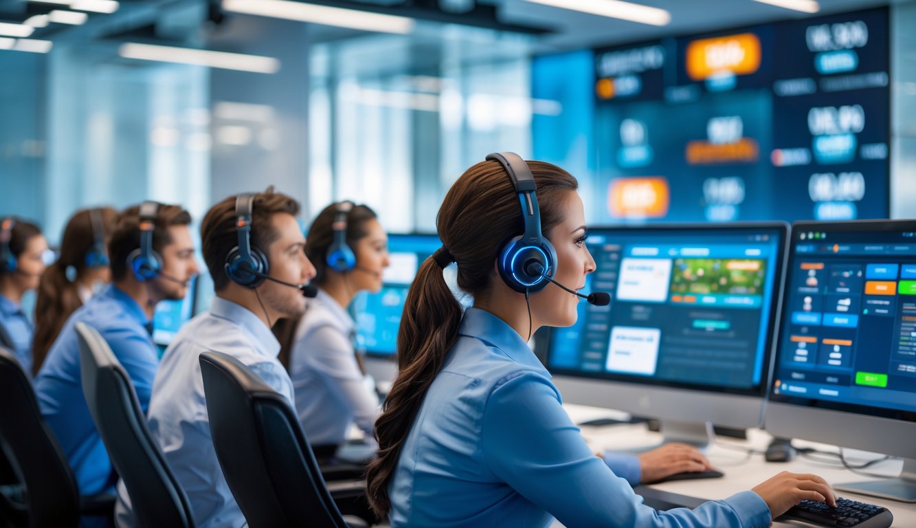 Tim layanan pelanggan yang sibuk di pusat layanan online dengan komputer dan headset, bekerja nonstop melayani pengguna game online.
