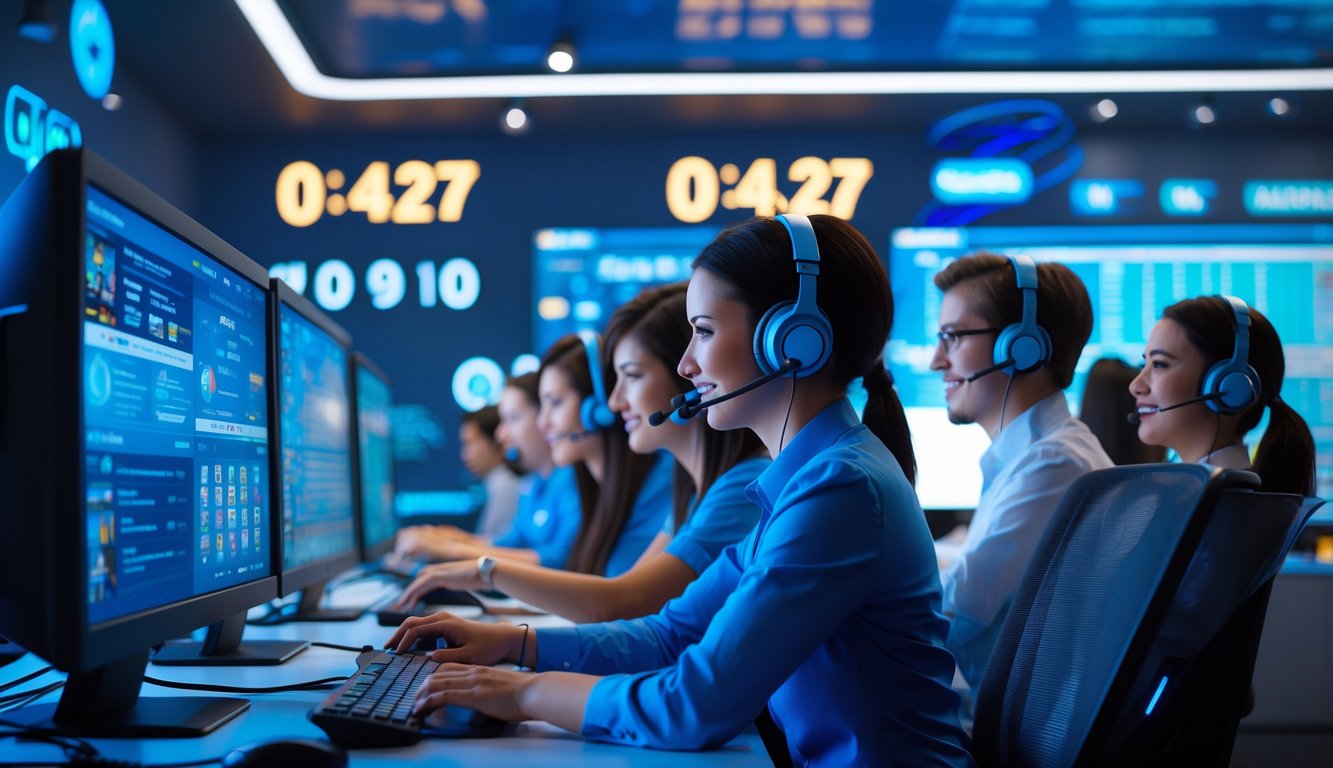 Tim layanan pelanggan yang ramah bekerja di pusat layanan online dengan komputer dan headset, menunjukkan layanan nonstop 24 jam.