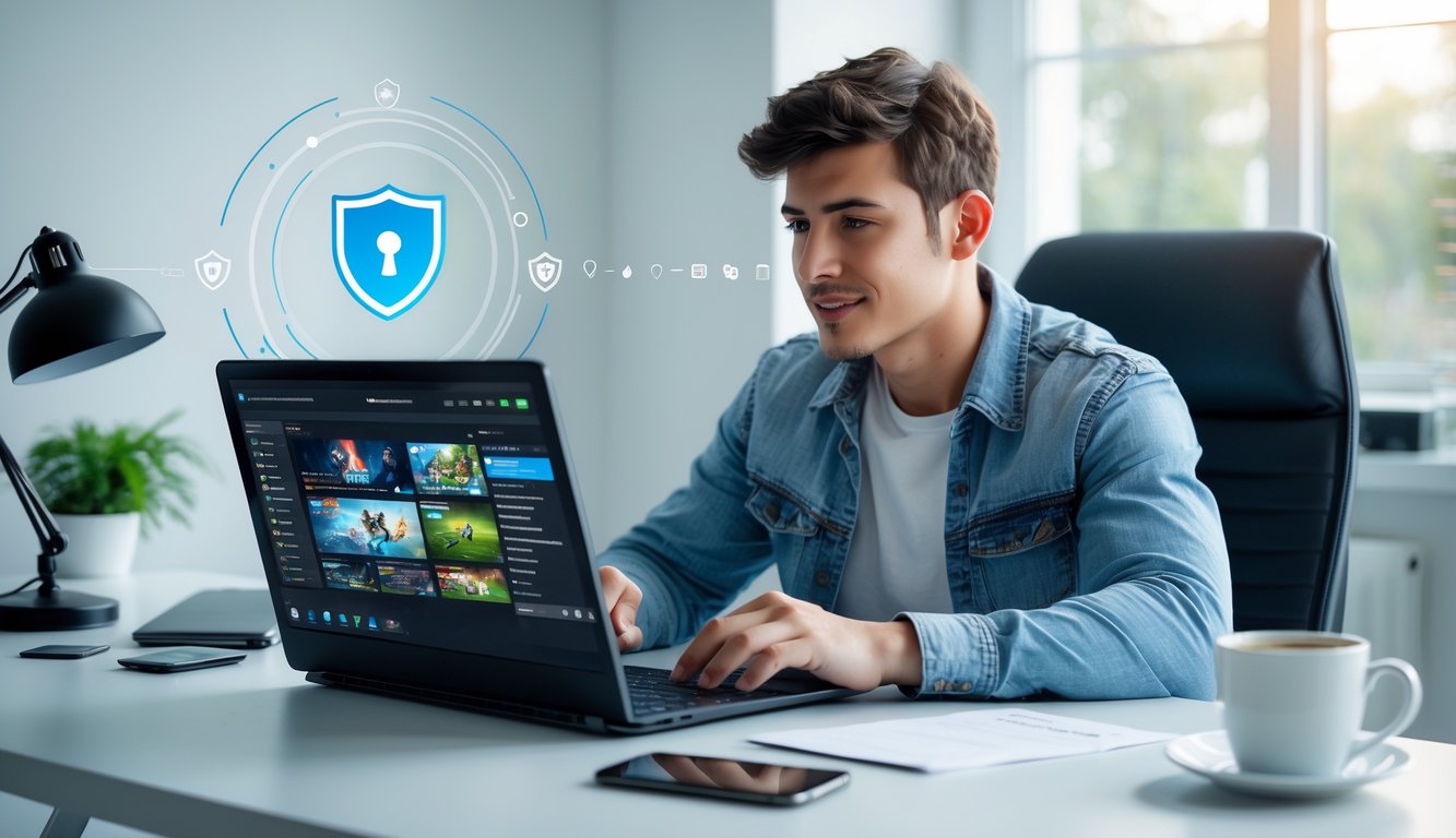 Seorang dewasa muda duduk di meja dengan laptop terbuka, fokus memilih agen permainan online yang aman dan terpercaya di ruangan kerja yang terang.