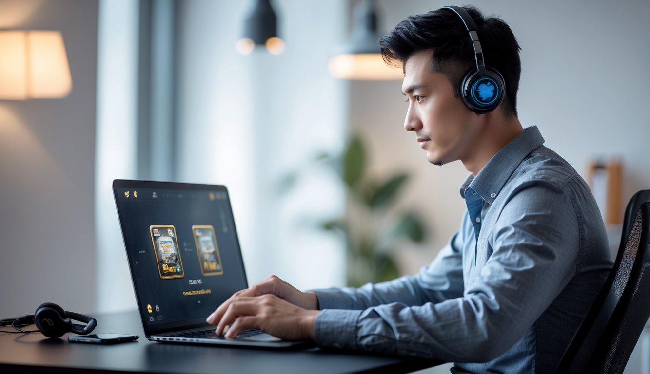 Seorang pria muda duduk di meja dengan laptop, bermain permainan kartu online di ruangan yang terang dan rapi.