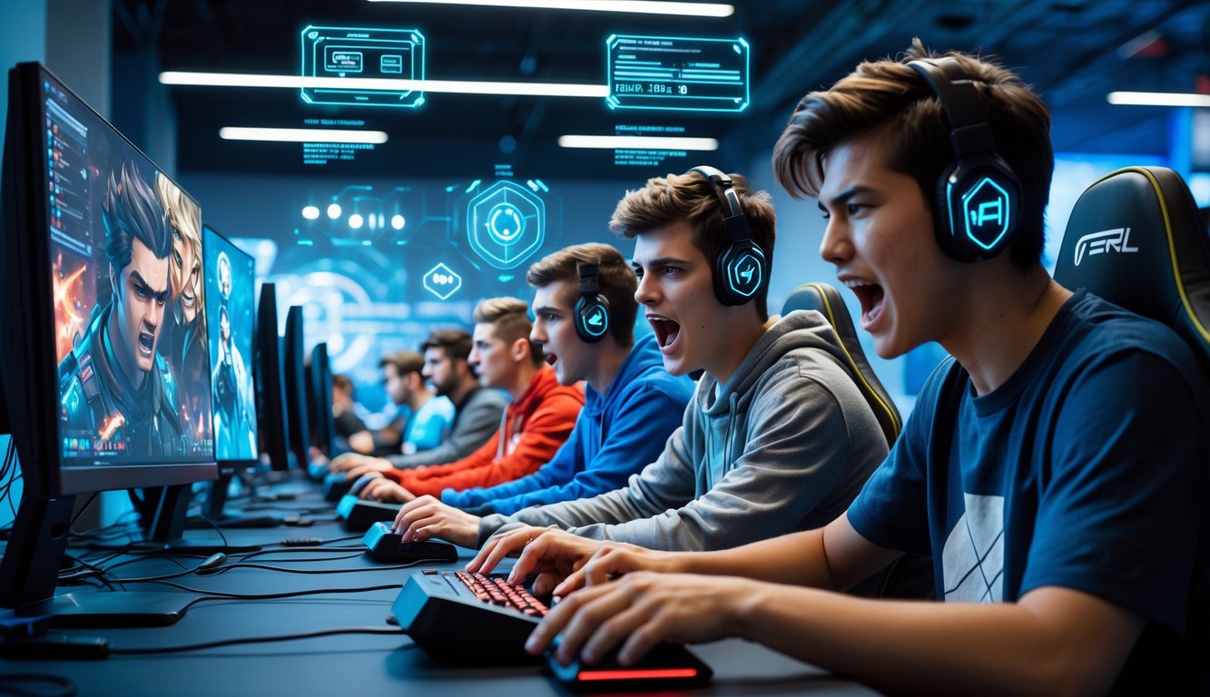 Sekelompok orang muda bermain game pertarungan secara online di ruang gaming modern dengan layar komputer yang menampilkan grafik permainan yang hidup.