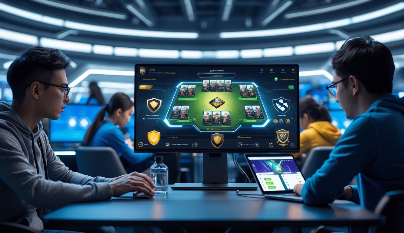 Beberapa orang bermain game kartu online di perangkat digital dalam ruangan modern dengan suasana fokus dan teknologi canggih.