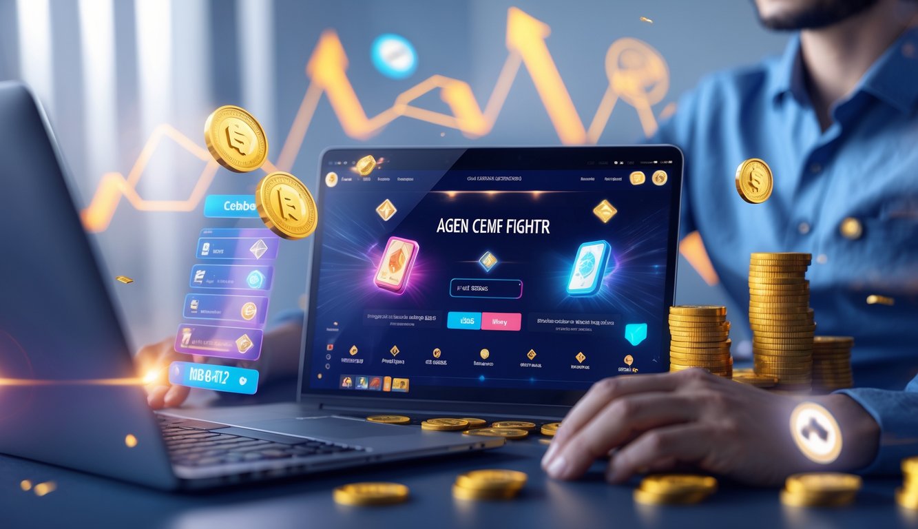 Seseorang menggunakan laptop untuk bermain game kartu online dengan latar belakang elemen digital yang menunjukkan hadiah cashback dan komisi.