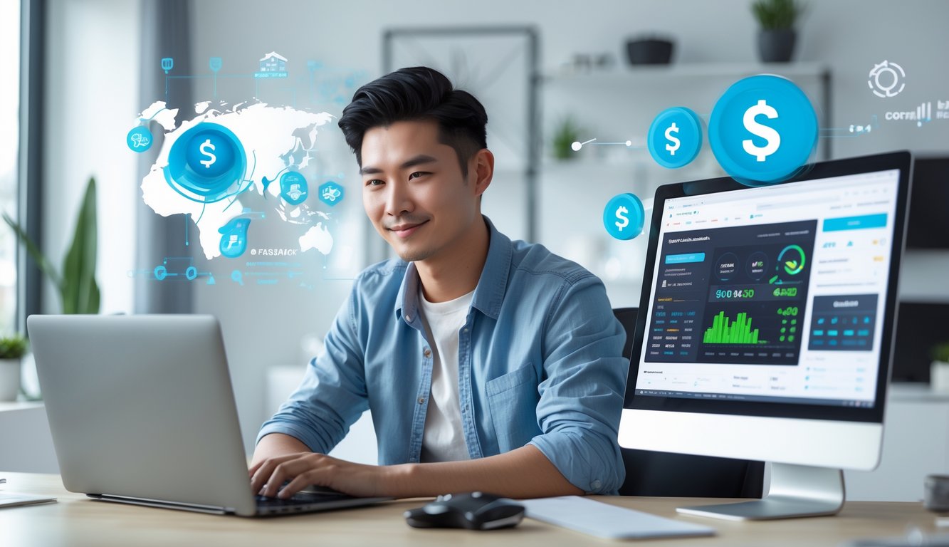 Seorang pria muda duduk di depan laptop di ruang kerja modern, terlihat fokus dan puas dengan aktivitas permainan daring dan keuntungan finansial.