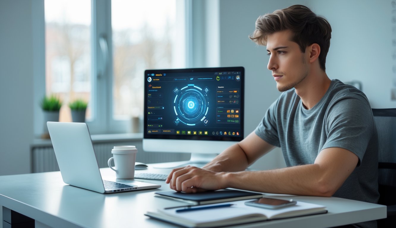 Seorang pria muda duduk di meja dengan laptop, terlihat fokus dan serius bermain game online di ruangan yang terang dan rapi.