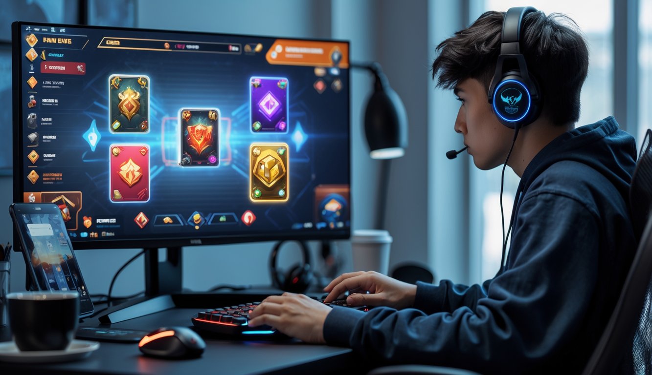 Seorang pemain muda sedang fokus bermain game kartu online di depan komputer dengan meja yang rapi dan perlengkapan gaming.