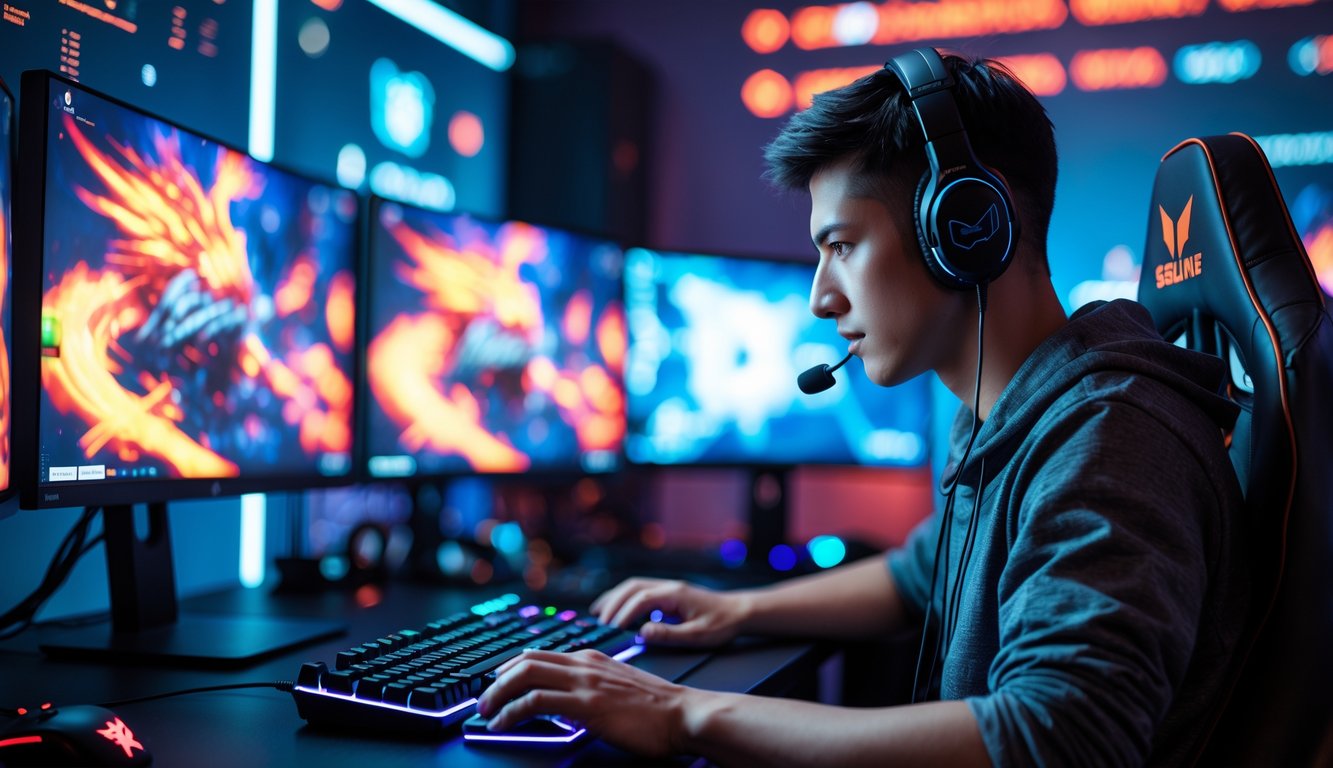 Seorang gamer muda sedang bermain game Ceme online dengan peralatan gaming modern di ruangan yang terang dan berteknologi tinggi.