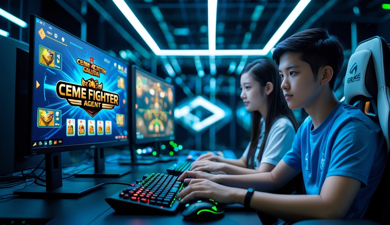 Dua pemain muda sedang bermain game kartu online di depan komputer dengan latar belakang server yang menyala.