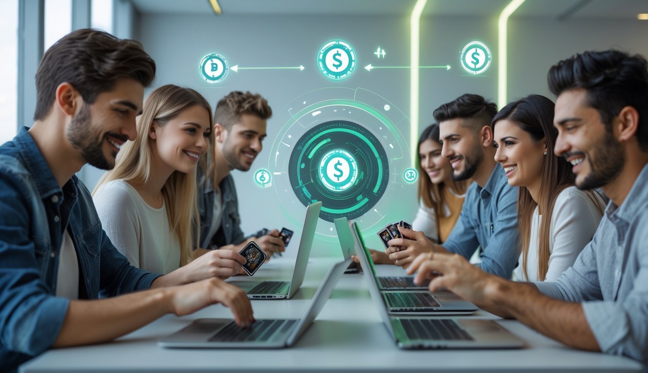 Beberapa orang muda bermain permainan kartu online dengan perangkat digital di ruangan modern yang cerah.