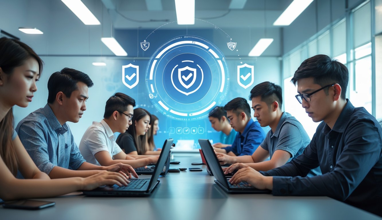 Sekelompok orang muda sedang bermain permainan kartu online di sebuah ruangan kantor yang terang dan modern.