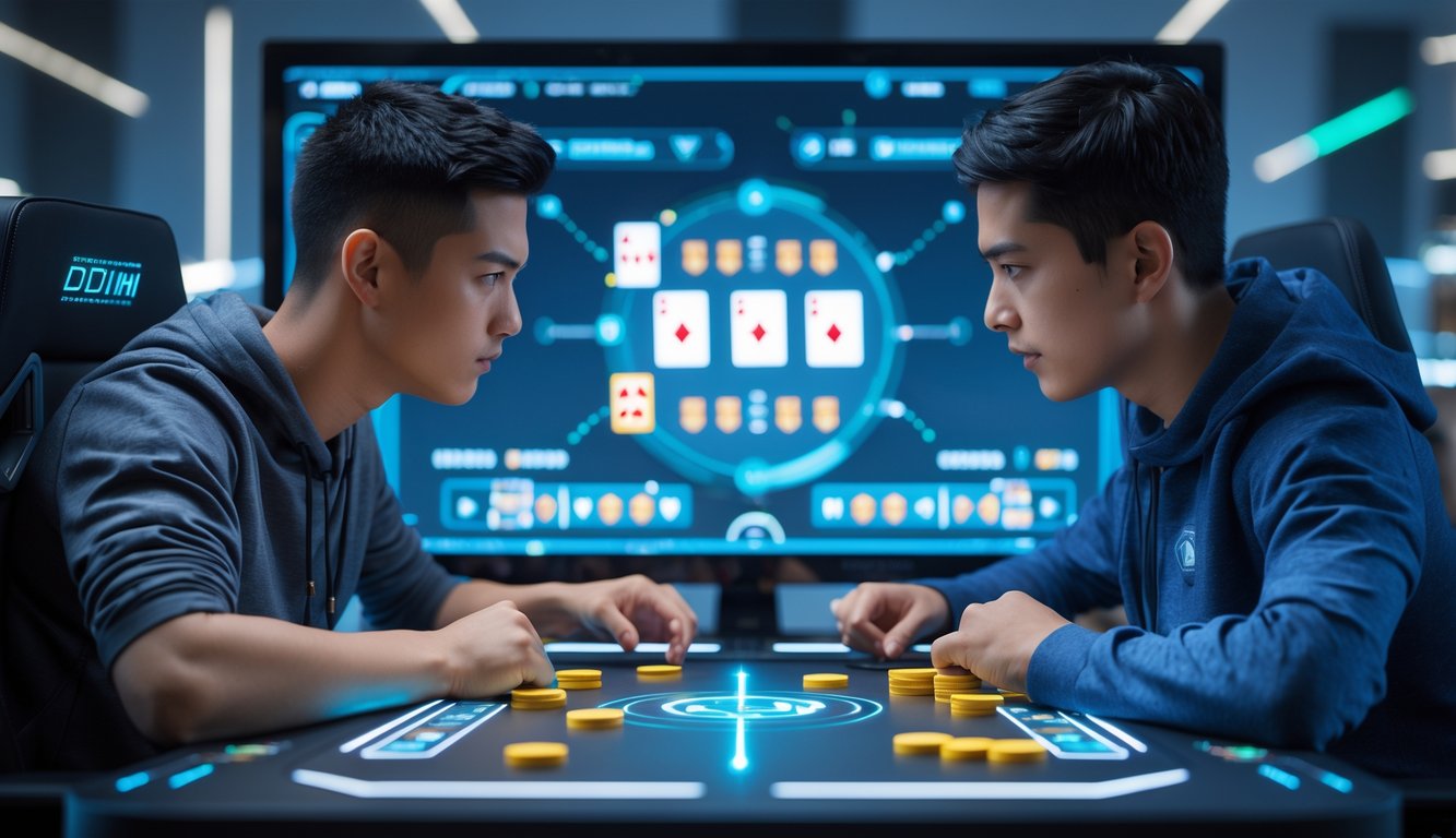 Dua pemain sedang bermain kartu online di meja digital, satu pemula dan satu profesional, dalam suasana kompetitif.