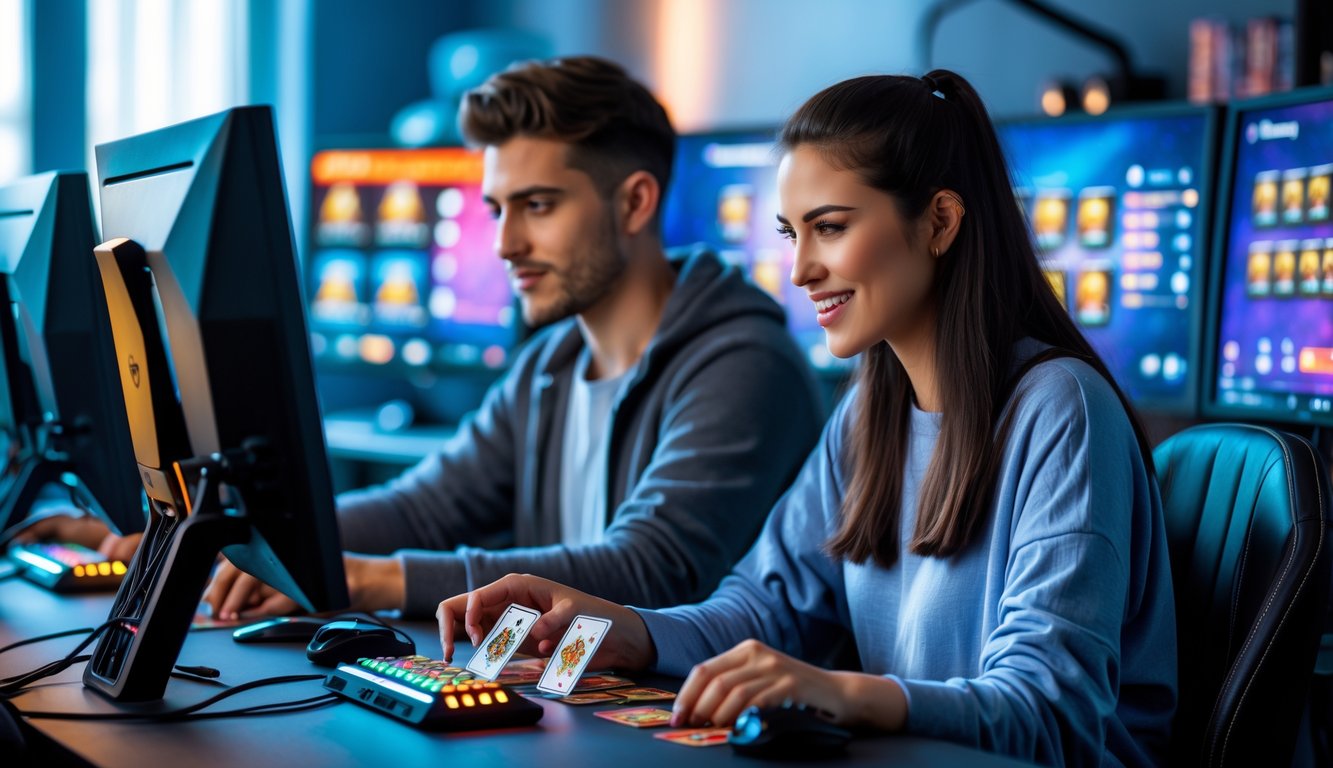 Dua orang muda sedang fokus bermain permainan kartu online di depan komputer dalam ruangan modern.