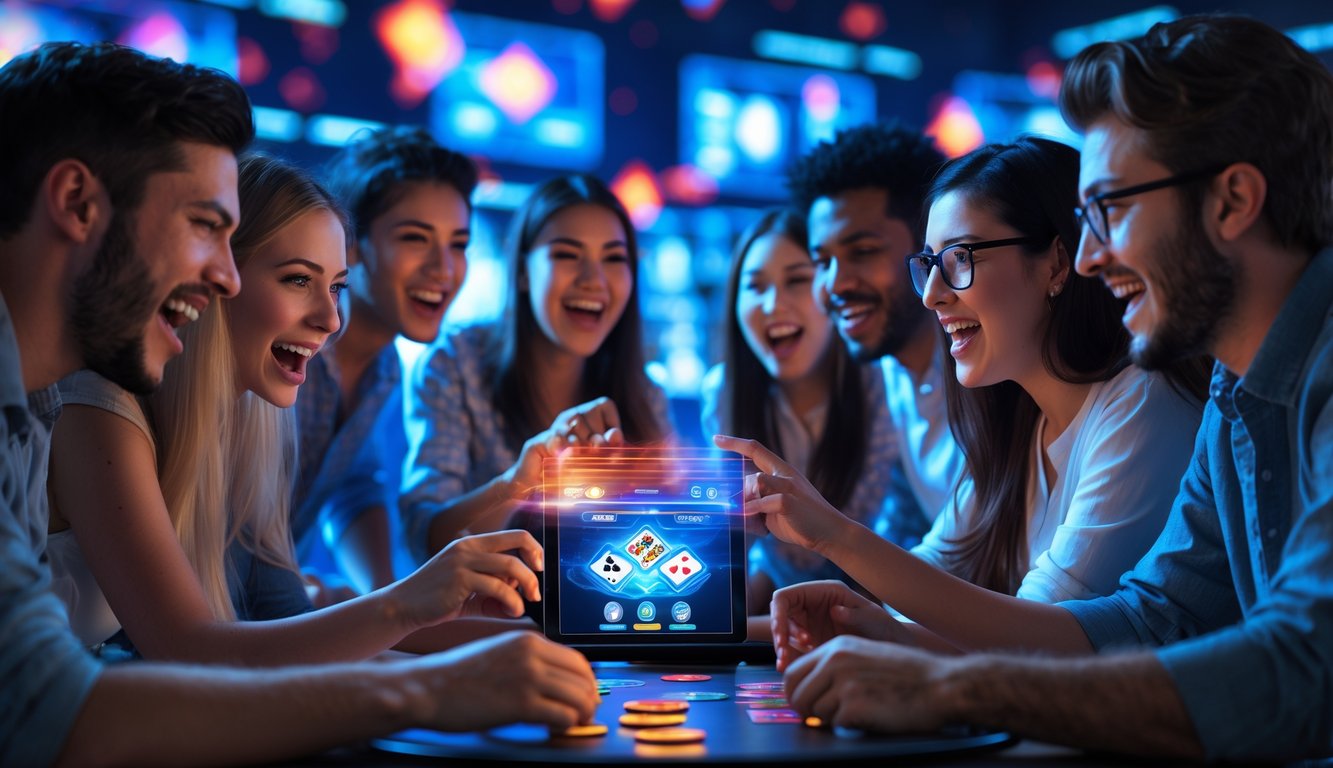 Sekelompok orang muda yang antusias bermain permainan kartu secara online menggunakan perangkat digital dalam suasana yang hidup dan interaktif.