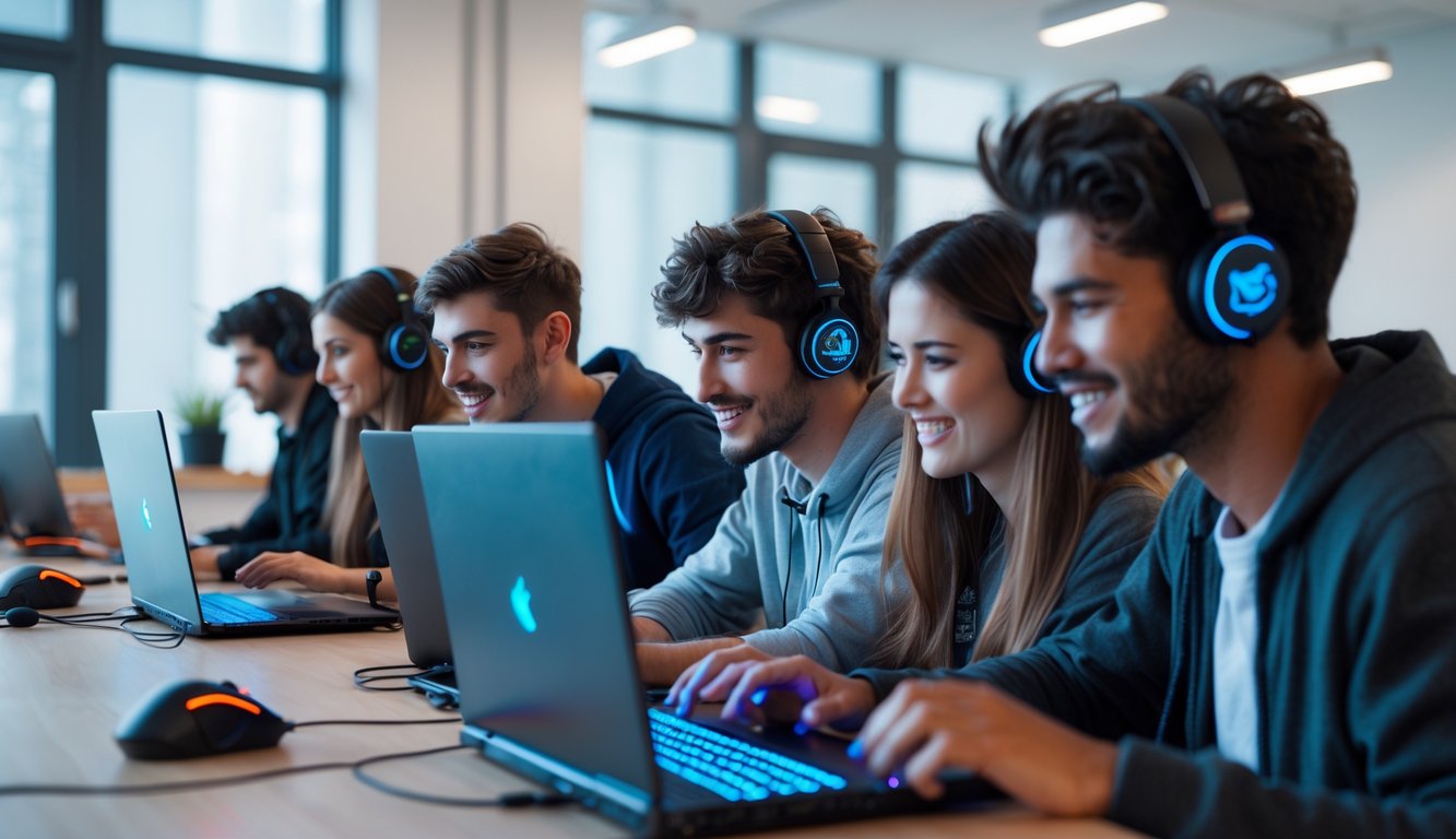 Sekelompok orang muda sedang bermain game online di laptop dan ponsel di sebuah ruang kantor modern.