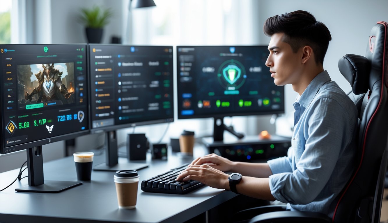 Seorang pria muda duduk di meja dengan beberapa monitor komputer yang menampilkan permainan online dan statistik kemenangan, terlihat fokus dan percaya diri.