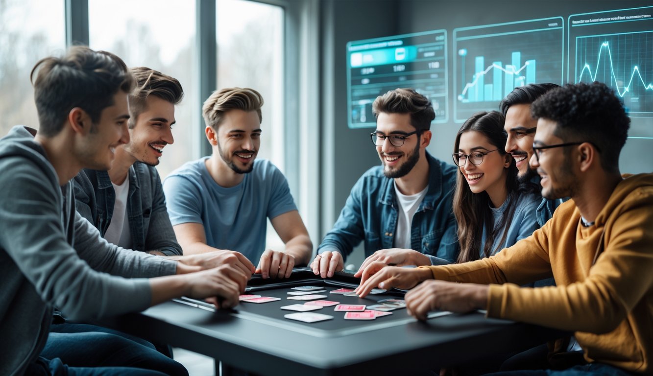 Sekelompok orang muda sedang bermain kartu online bersama di meja digital dalam ruangan modern dengan ekspresi fokus dan antusias.