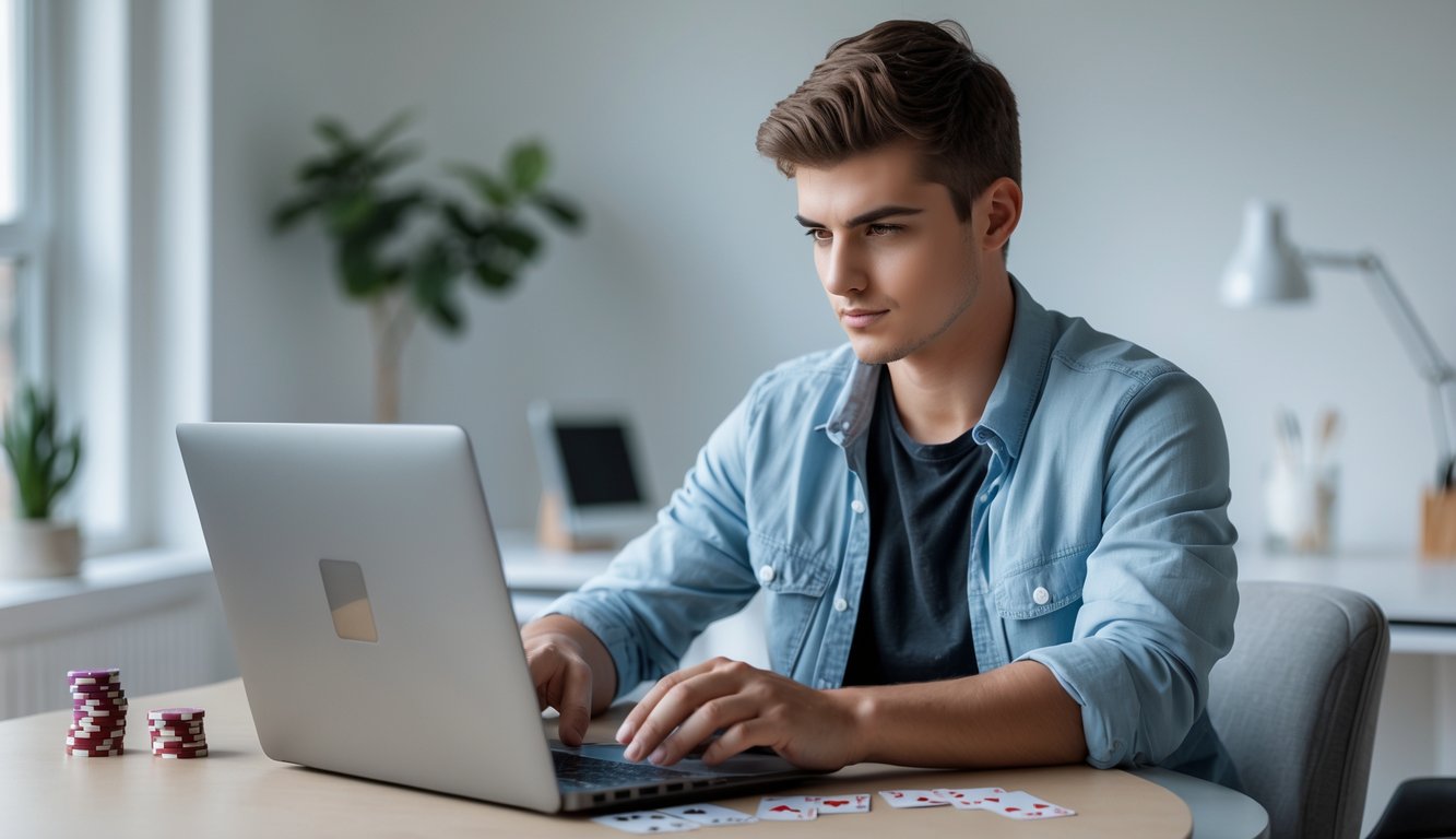 Seorang pria muda duduk di meja dengan laptop, fokus bermain permainan kartu online, di ruang kerja yang rapi dan terang.