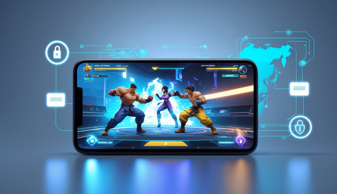 Pemandangan perangkat mobile modern yang menampilkan permainan bertarung online dengan latar belakang teknologi dan simbol koneksi server yang kuat.