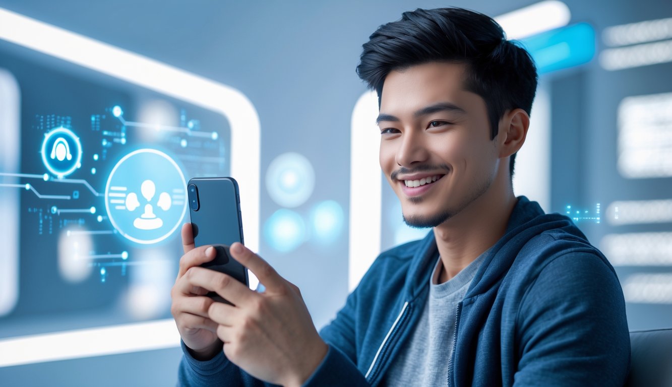 Seorang pria muda menggunakan ponsel dengan latar belakang teknologi modern yang menunjukkan platform online yang andal dan ramah mobile.