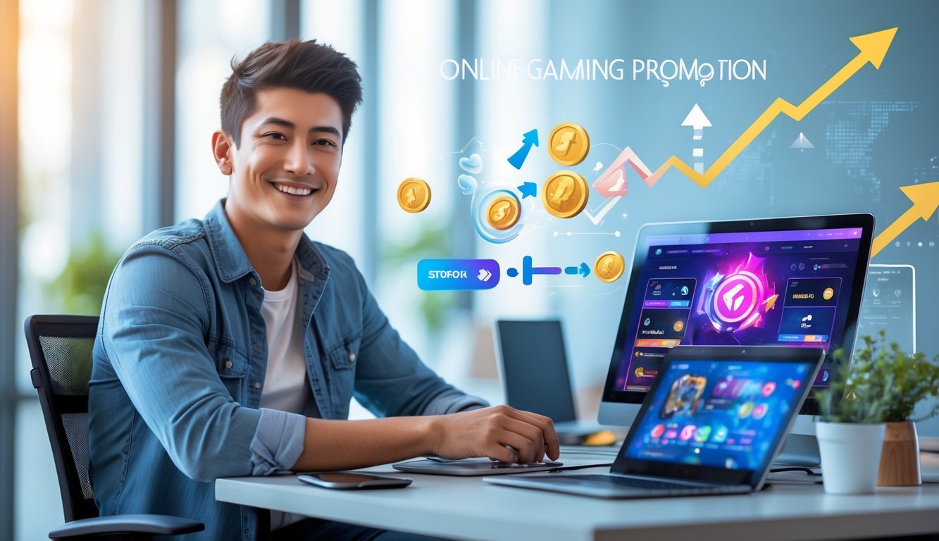 Seorang dewasa muda duduk di meja dengan laptop dan ponsel yang menampilkan permainan online, terlihat senang dan percaya diri.