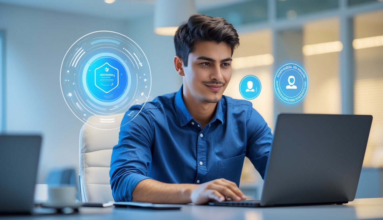 Seorang pria muda menggunakan laptop di kantor modern dengan elemen digital mengambang yang menunjukkan keamanan dan transaksi cepat.