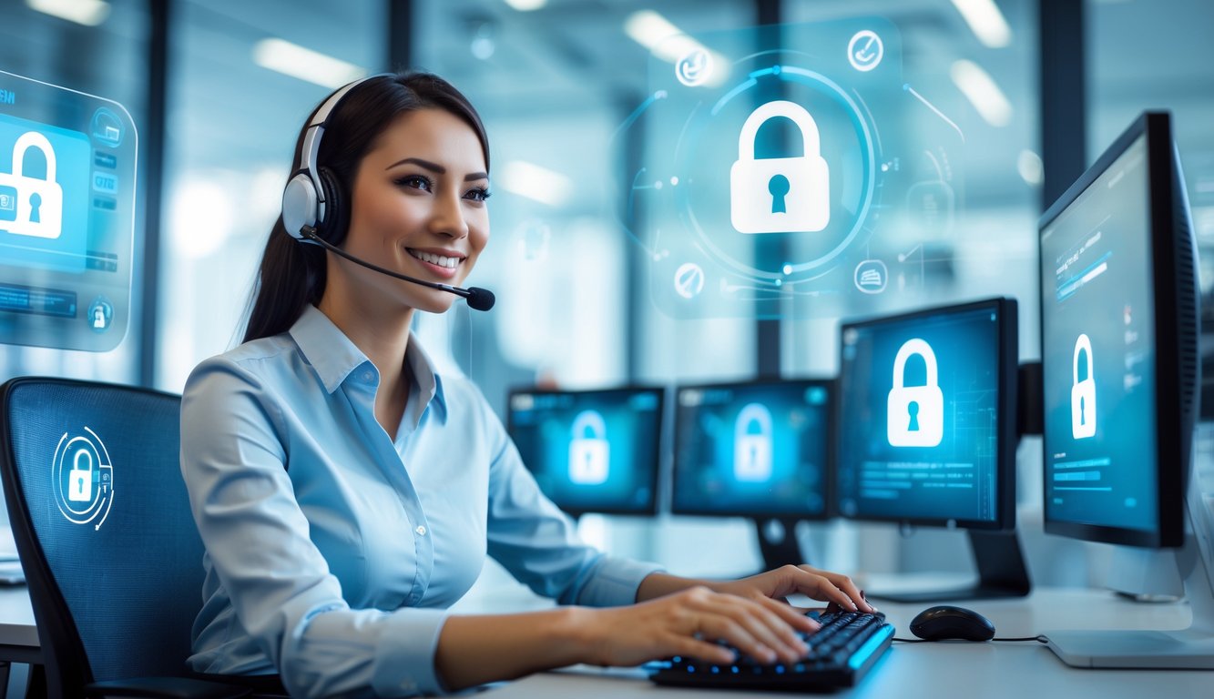 Seorang perwakilan layanan pelanggan tersenyum dengan headset di kantor modern dengan layar komputer yang menampilkan proses verifikasi dan transaksi online yang aman.