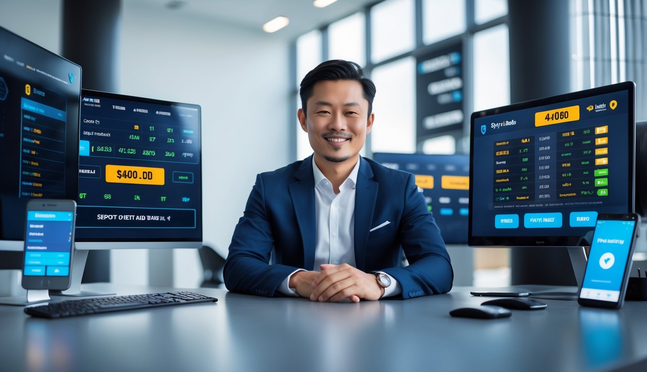 Seorang pria Asia berpakaian rapi duduk di meja dengan beberapa layar komputer menampilkan data taruhan olahraga, di kantor modern yang terang dan profesional.