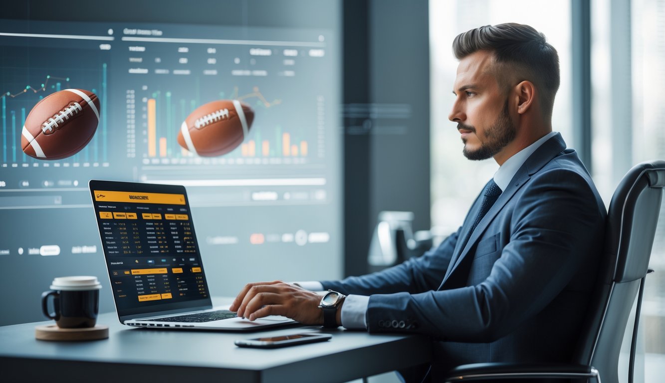 Seorang pria percaya diri duduk di meja kantor modern dengan laptop yang menampilkan data taruhan olahraga.