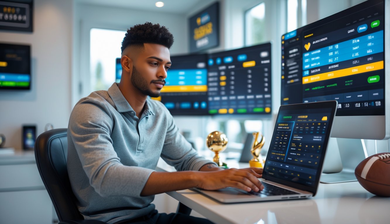 Seorang dewasa muda duduk di meja dengan laptop, dikelilingi oleh layar yang menampilkan informasi taruhan olahraga, di sebuah ruang kerja modern.