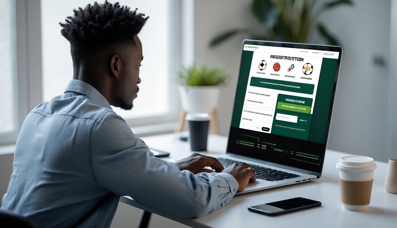 Seorang dewasa muda menggunakan laptop di meja kerja dengan ponsel dan cangkir kopi, tampak antarmuka situs taruhan olahraga di layar.