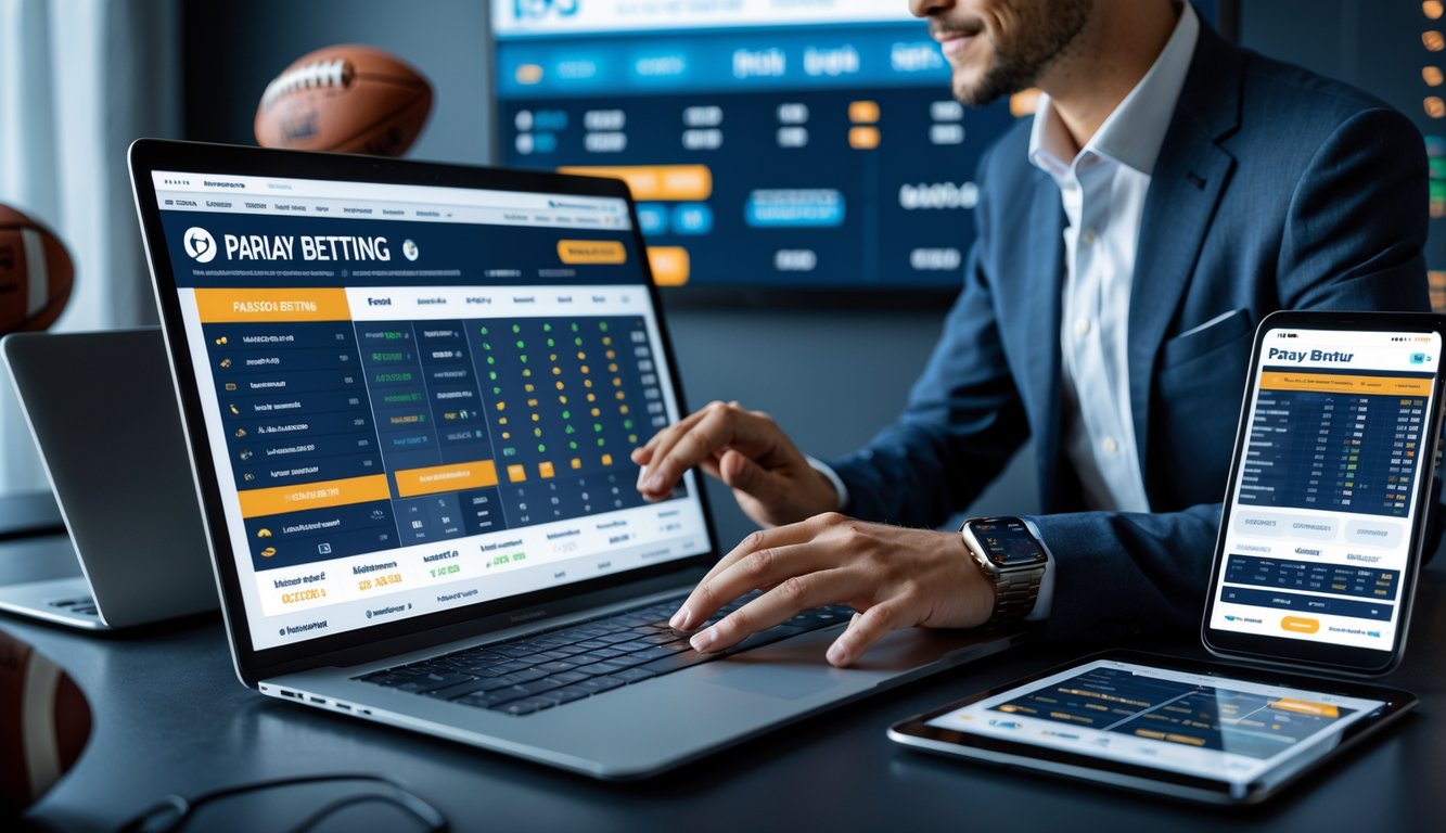 Seorang pria menggunakan laptop di meja kerja dengan beberapa perangkat lain dan elemen olahraga di sekitar, menunjukkan aktivitas taruhan olahraga online.