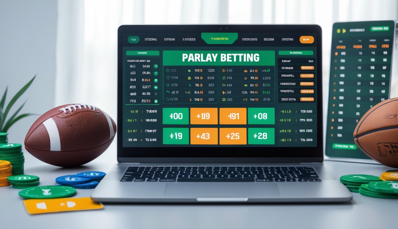 Seorang profesional menggunakan laptop di meja kerja dengan tampilan berbagai pilihan taruhan olahraga dan bola di sekitarnya.