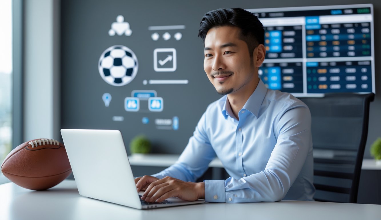 Seorang pria Asia duduk di meja modern menggunakan laptop dengan grafik dan statistik taruhan olahraga, di ruangan kantor yang bersih dan terang.