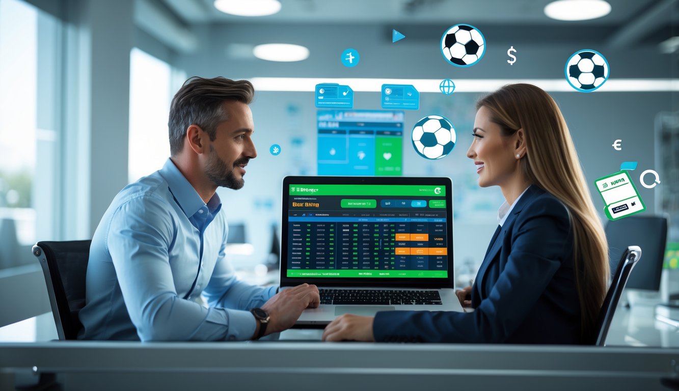 Seorang pria dan wanita sedang berdiskusi di meja kantor dengan laptop yang menampilkan statistik taruhan olahraga.