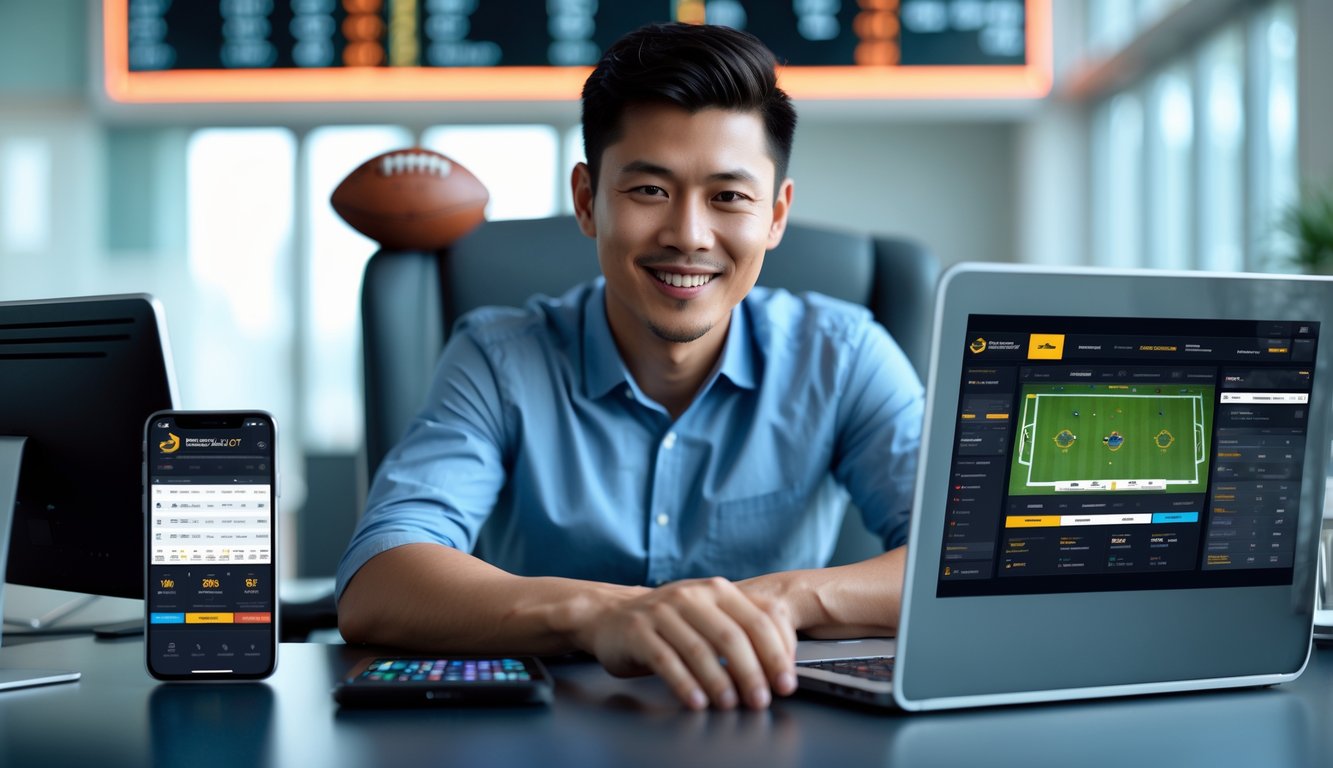 Seorang pria muda duduk di meja dengan laptop dan ponsel, fokus pada aktivitas taruhan bola online di lingkungan kantor modern.