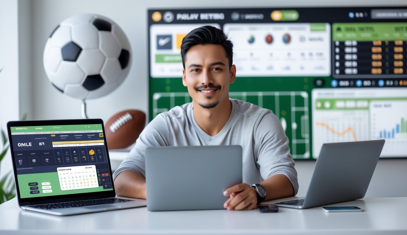 Seorang pria muda duduk di meja dengan laptop dan ponsel yang menampilkan informasi taruhan sepak bola, terlihat santai dan fokus.