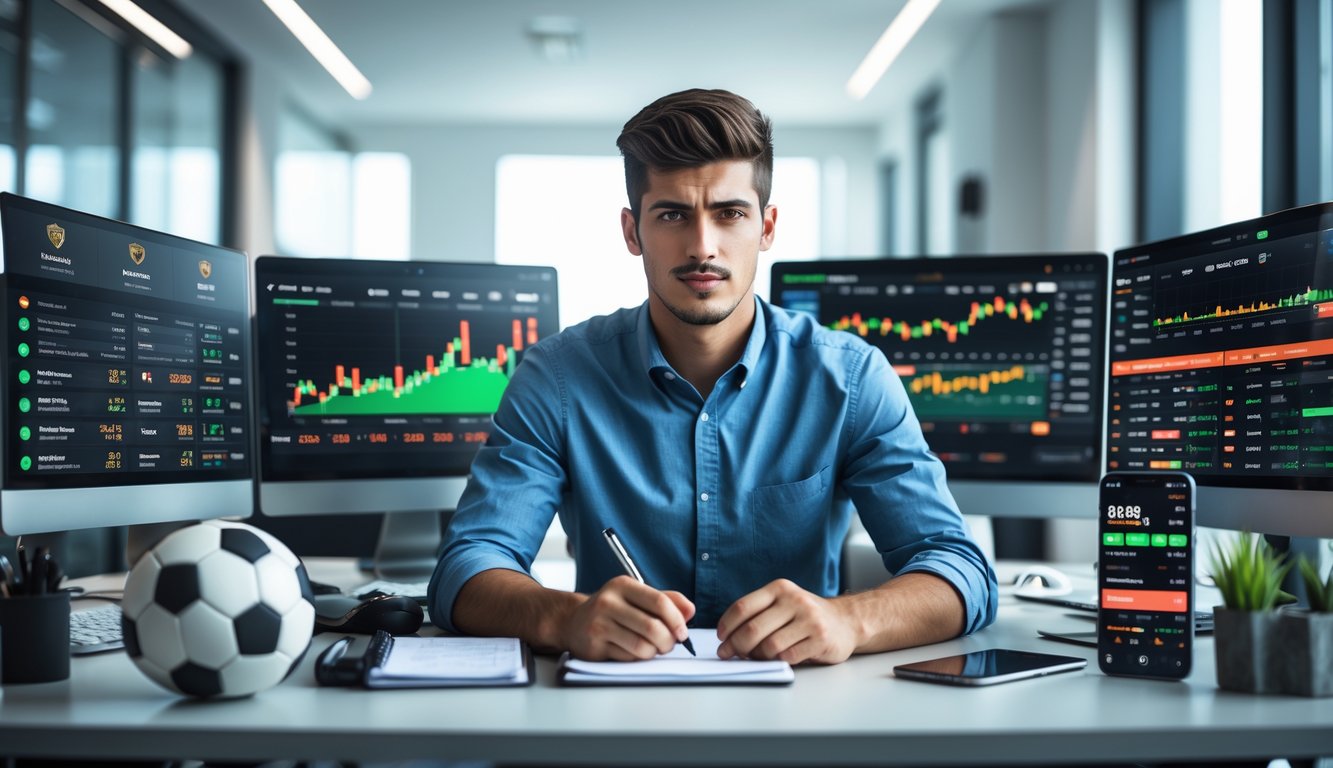 Seorang pria muda duduk di meja dengan beberapa layar komputer yang menampilkan data taruhan olahraga, terlihat fokus menganalisis strategi.