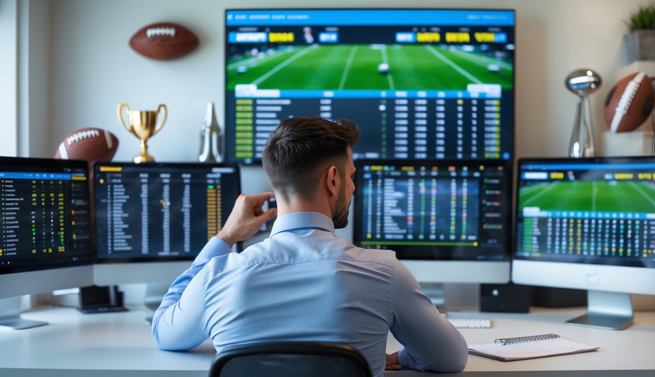Seorang pria duduk di meja dengan beberapa layar komputer yang menampilkan data taruhan olahraga, sedang mencatat dan menganalisis informasi.