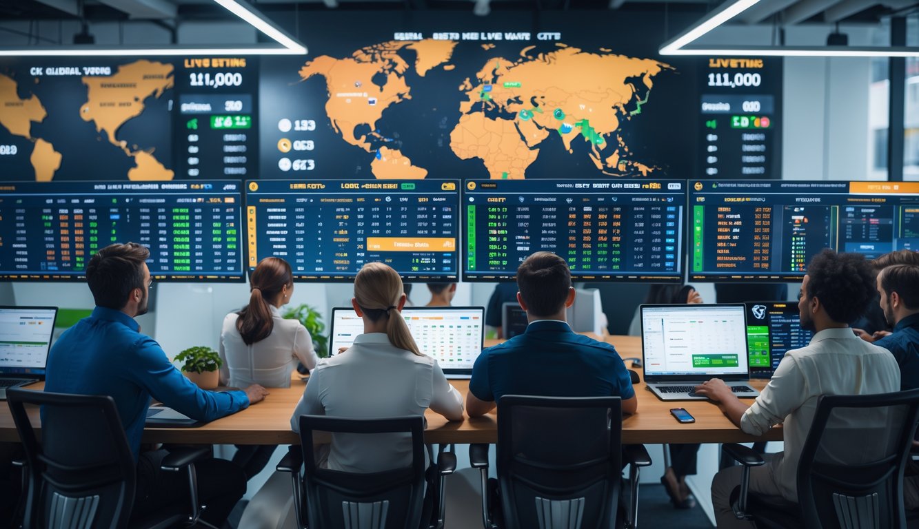 Orang-orang di kantor modern sedang menonton pertandingan olahraga langsung dan memasang taruhan online dengan pembaruan skor real time.