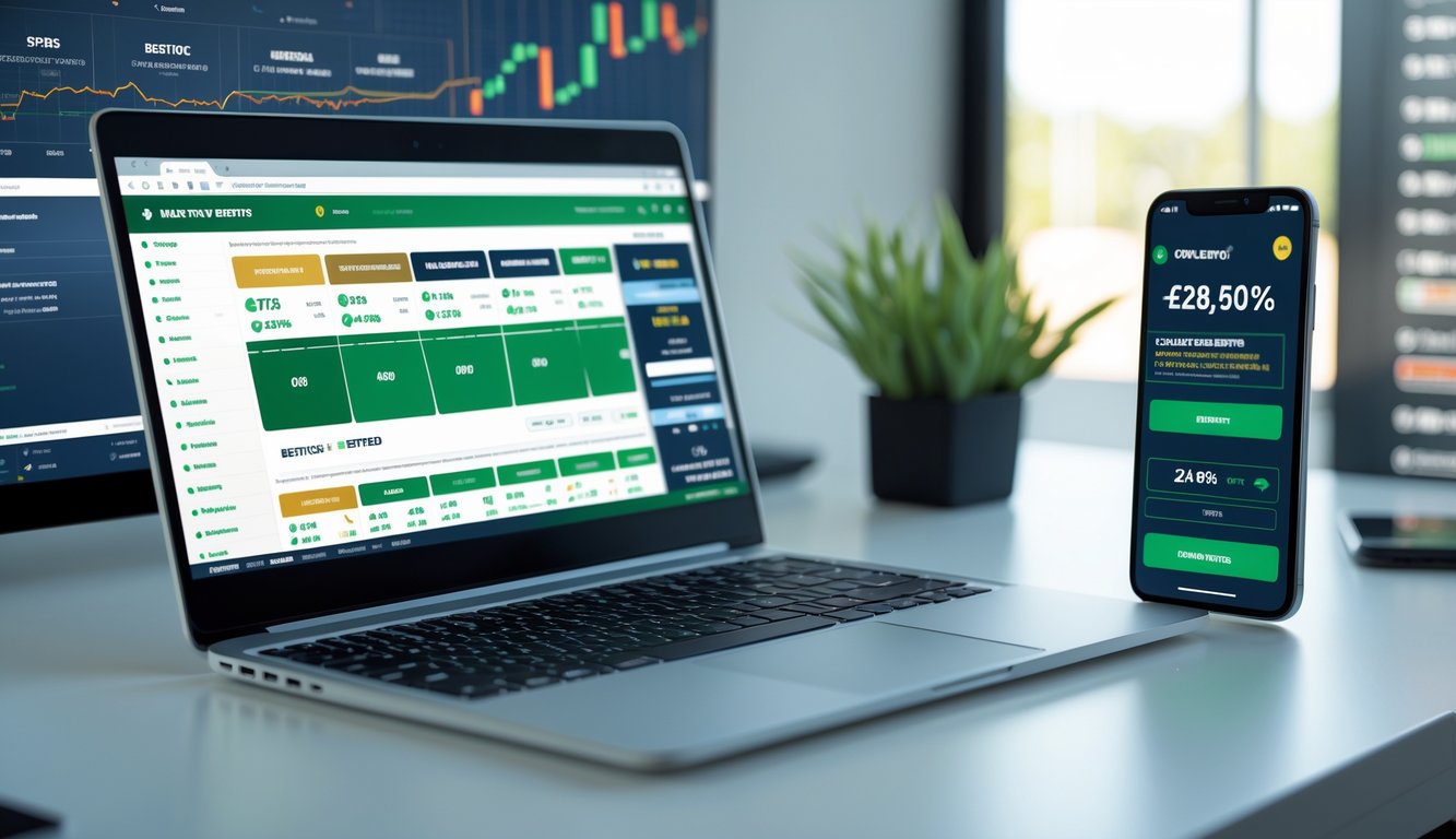 Seorang pria menggunakan laptop dan smartphone di meja kerja dengan tampilan aplikasi taruhan olahraga online dan grafik keuangan di latar belakang.