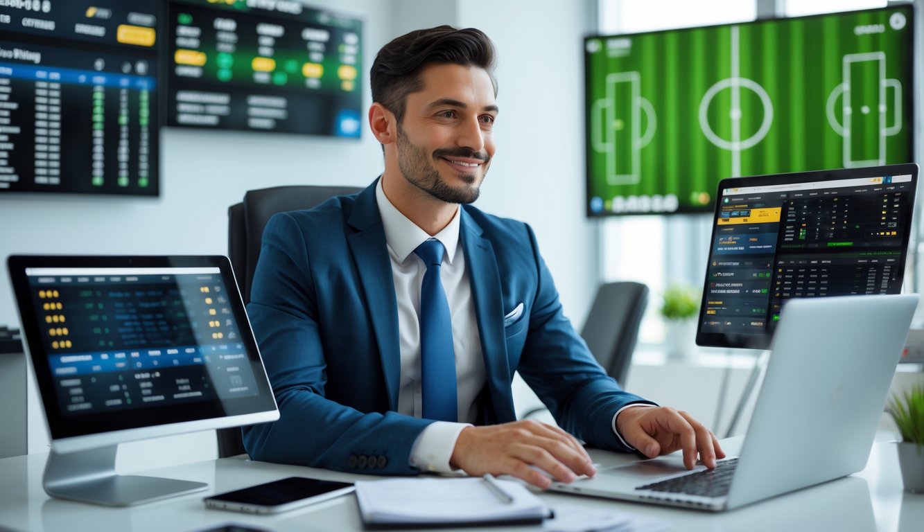 Seorang pria profesional duduk di meja kantor modern dengan perangkat digital yang menampilkan data taruhan olahraga.